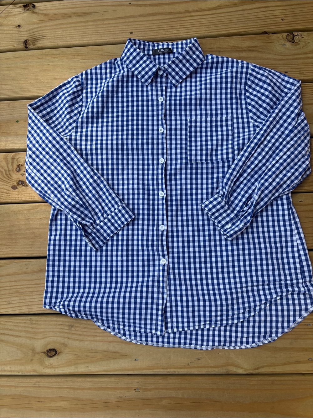 Women's XXL Blue and White Gingham Button-Up Shirt